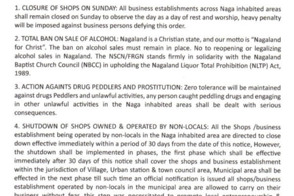 NSCN FRGN press release on Sunday shop closure and non local businesses in Nagaland