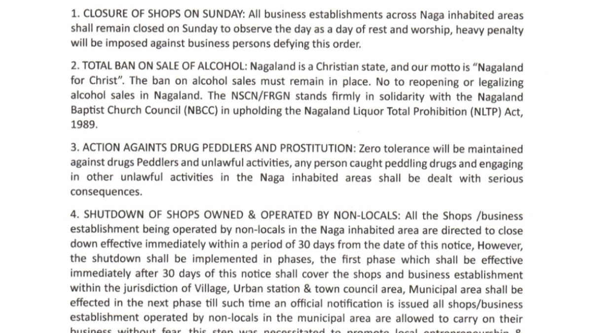 NSCN FRGN press release on Sunday shop closure and non local businesses in Nagaland