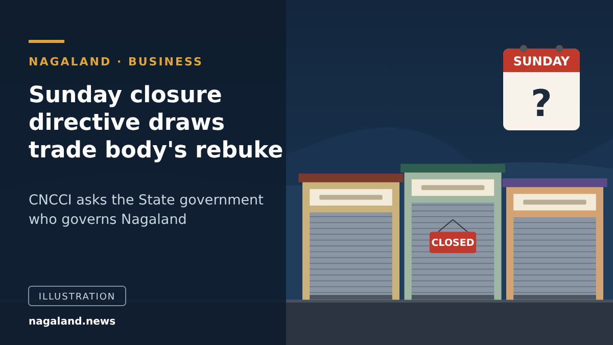 Illustration of shuttered shop fronts with a closed sign and a Sunday calendar, representing the FRGN directive on Sunday closures