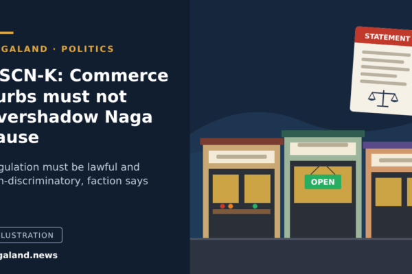 Illustration of open shops in Nagaland beside an NSCN-K statement on commerce restrictions