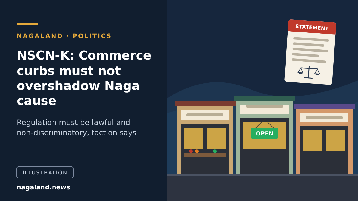 Illustration of open shops in Nagaland beside an NSCN-K statement on commerce restrictions